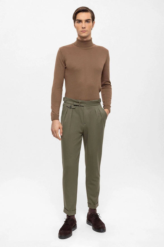 Men's Khaki High Waist Pleated Trousers-Trousers-Wessi-31-Khaki-Urbanheer