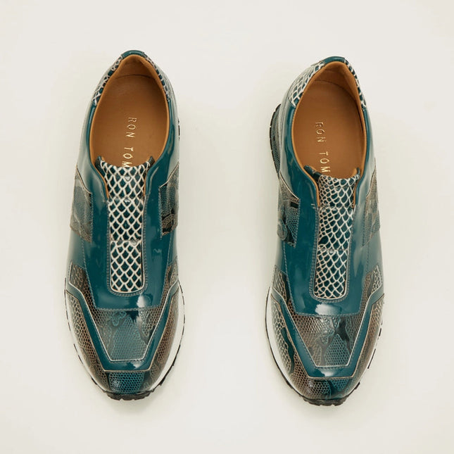 Men's Leather Embossed Snakeskin Sneakers - Green Beige