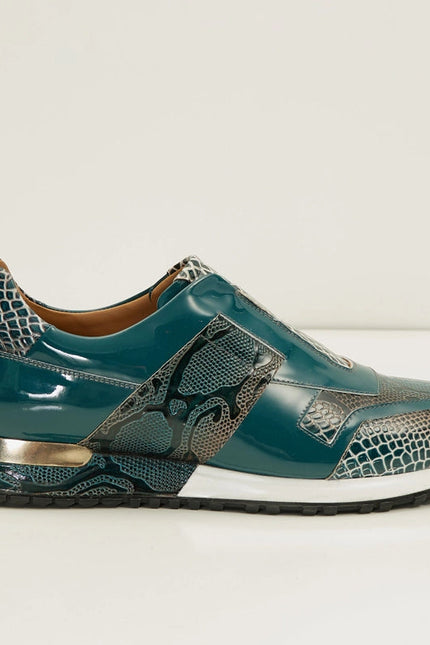 Men'S Leather Embossed Snakeskin Sneakers - Green Beige