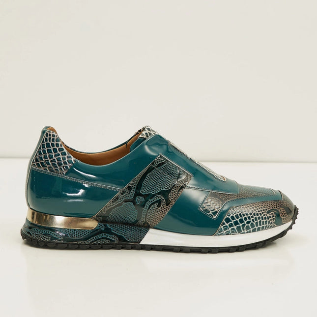 Men's Leather Embossed Snakeskin Sneakers - Green Beige