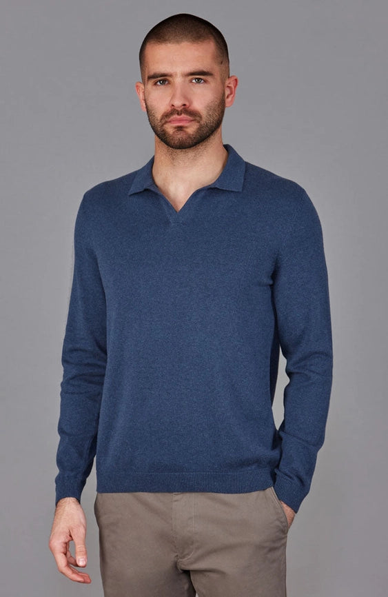 Mens Lightweight Cotton Buttonless Polo Shirt Blue Melange-Polo Shirt-Paul James Knitwear-S-Blue Melange-Urbanheer