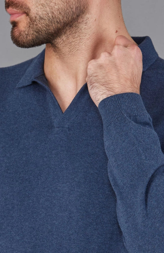 Mens Lightweight Cotton Buttonless Polo Shirt Blue Melange-Polo Shirt-Paul James Knitwear-S-Blue Melange-Urbanheer