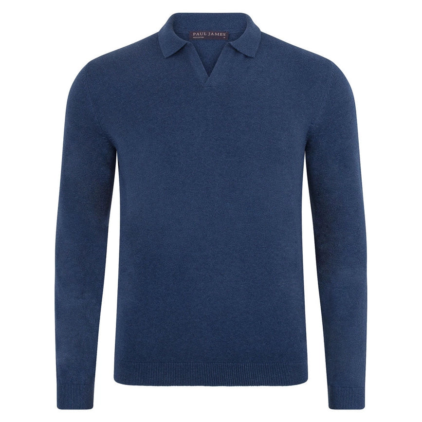 Mens Lightweight Cotton Buttonless Polo Shirt Blue Melange-Polo Shirt-Paul James Knitwear-S-Blue Melange-Urbanheer