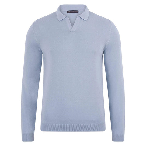 Mens Lightweight Cotton Buttonless Polo Shirt Chalk Blue-Polo Shirt-Paul James Knitwear-XL-Chalk Blue-Urbanheer