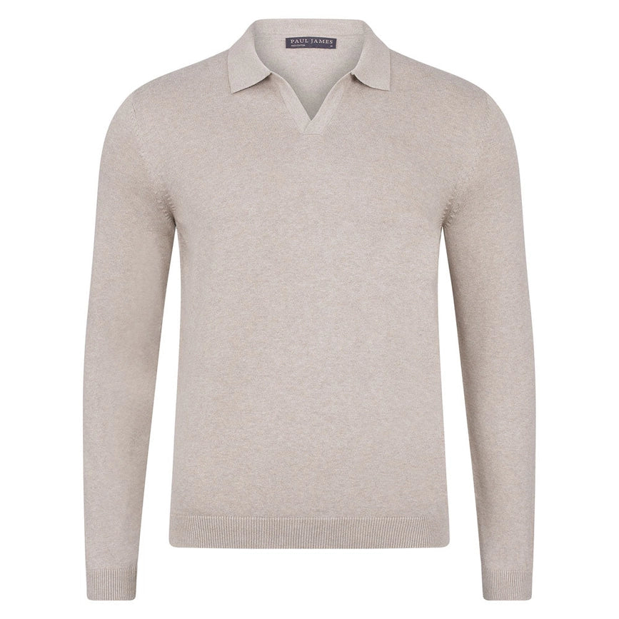 Mens Lightweight Cotton Buttonless Polo Shirt Fawn-Polo Shirt-Paul James Knitwear-M-Fawn-Urbanheer