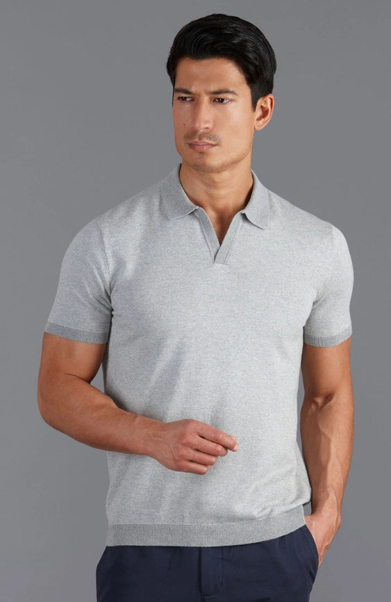 Mens Lightweight Cotton Honeycomb Buttonless Polo Shirt Ash Grey-Polo Shirt-Paul James Knitwear-S-Ash Grey-Urbanheer