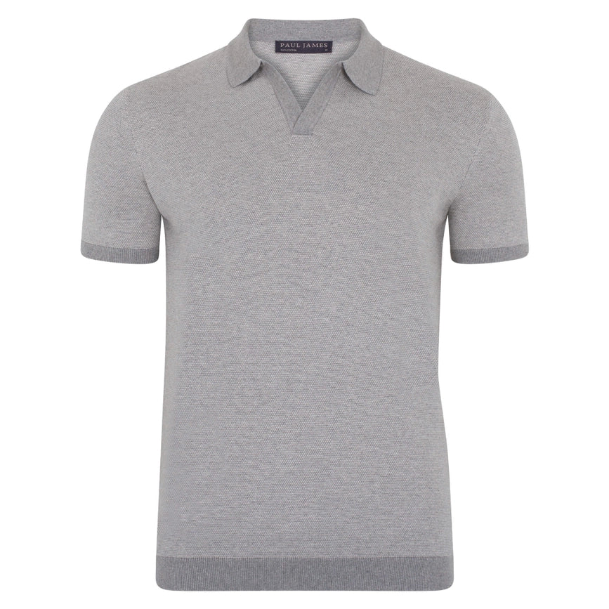 Mens Lightweight Cotton Honeycomb Buttonless Polo Shirt Ash Grey-Polo Shirt-Paul James Knitwear-S-Ash Grey-Urbanheer