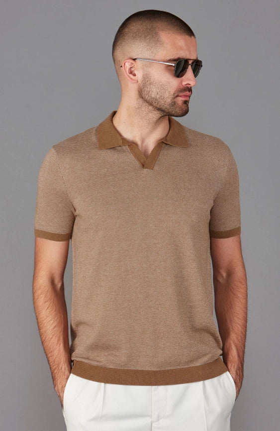 Mens Lightweight Cotton Honeycomb Buttonless Polo Shirt Camel-Polo Shirt-Paul James Knitwear-S-Camel-Urbanheer