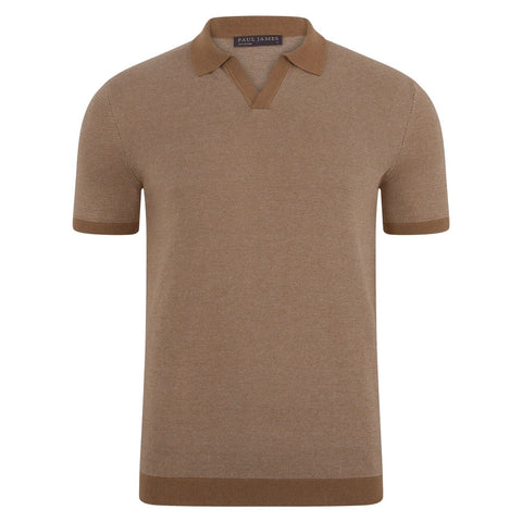 Mens Lightweight Cotton Honeycomb Buttonless Polo Shirt Camel-Polo Shirt-Paul James Knitwear-S-Camel-Urbanheer