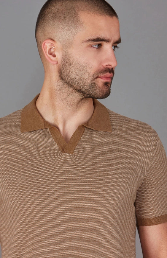 Mens Lightweight Cotton Honeycomb Buttonless Polo Shirt Camel-Polo Shirt-Paul James Knitwear-S-Camel-Urbanheer