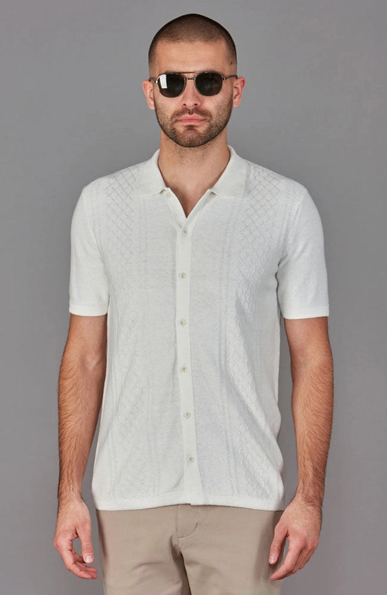 Mens Lightweight Cotton Linen Patterned Shirt-Shirt-Paul James Knitwear-M-White-Urbanheer