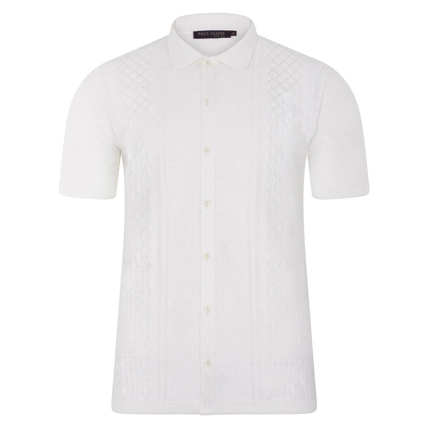 Mens Lightweight Cotton Linen Patterned Shirt-Shirt-Paul James Knitwear-M-White-Urbanheer