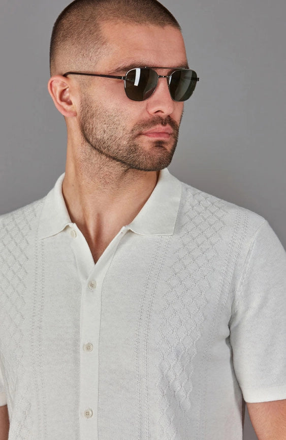 Mens Lightweight Cotton Linen Patterned Shirt-Shirt-Paul James Knitwear-M-White-Urbanheer