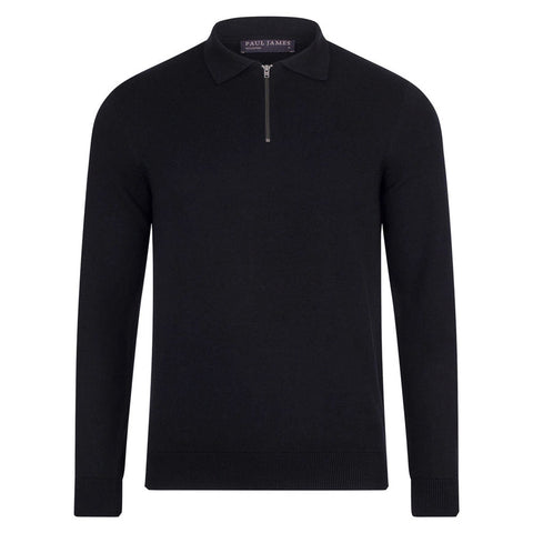 Mens Lightweight Cotton Zip Neck Polo Shirt Black-Shirts-Paul James Knitwear-S-Black-Urbanheer