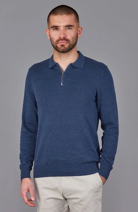 Mens Lightweight Cotton Zip Neck Polo Shirt Blue Melange-Shirts-Paul James Knitwear-S-Blue Melange-Urbanheer