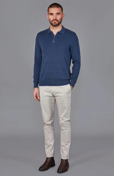 Mens Lightweight Cotton Zip Neck Polo Shirt Blue Melange-Shirts-Paul James Knitwear-S-Blue Melange-Urbanheer