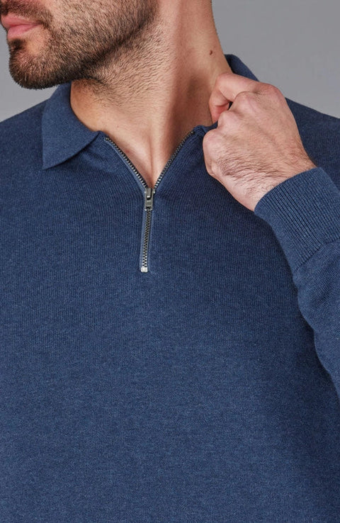 Mens Lightweight Cotton Zip Neck Polo Shirt Blue Melange-Shirts-Paul James Knitwear-S-Blue Melange-Urbanheer