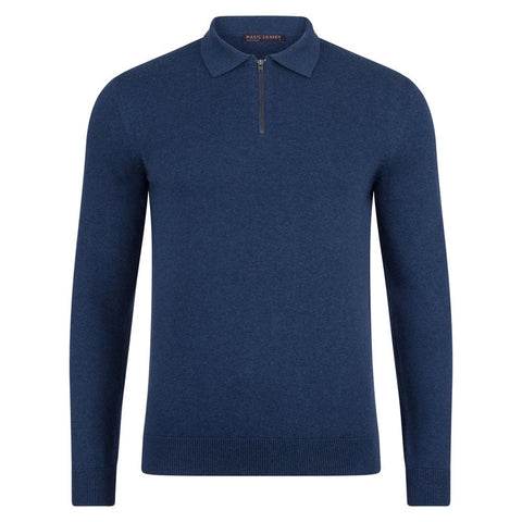Mens Lightweight Cotton Zip Neck Polo Shirt Blue Melange-Shirts-Paul James Knitwear-S-Blue Melange-Urbanheer