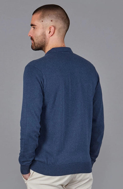 Mens Lightweight Cotton Zip Neck Polo Shirt Blue Melange-Shirts-Paul James Knitwear-S-Blue Melange-Urbanheer