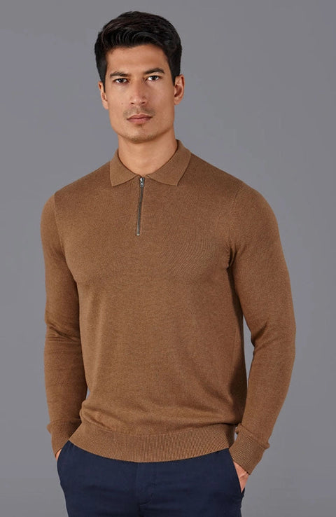 Mens Lightweight Cotton Zip Neck Polo Shirt Camel-Shirts-Paul James Knitwear-S-Camel-Urbanheer