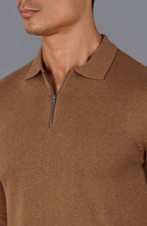 Mens Lightweight Cotton Zip Neck Polo Shirt Camel-Shirts-Paul James Knitwear-S-Camel-Urbanheer