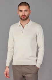 Mens Lightweight Cotton Zip Neck Polo Shirt Ecru-Shirts-Paul James Knitwear-L-Ecru-Urbanheer