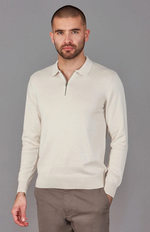 Mens Lightweight Cotton Zip Neck Polo Shirt Ecru-Shirts-Paul James Knitwear-L-Ecru-Urbanheer