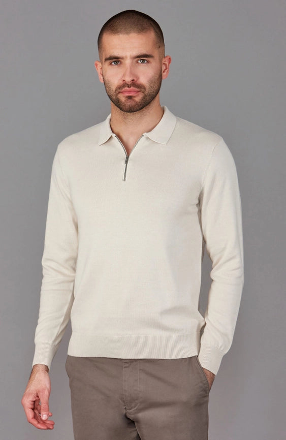 Mens Lightweight Cotton Zip Neck Polo Shirt Ecru-Shirts-Paul James Knitwear-L-Ecru-Urbanheer