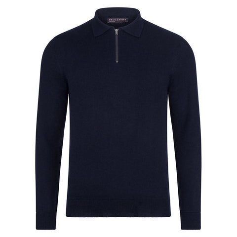 Mens Lightweight Cotton Zip Neck Polo Shirt Navy-Shirts-Paul James Knitwear-S-Black-Urbanheer