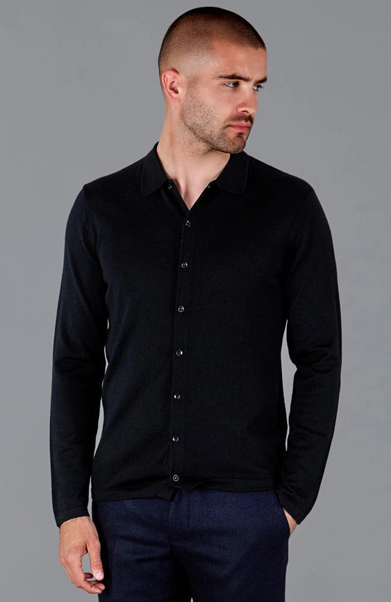 Mens Lightweight Extra Fine Merino Long Sleeve Shirt Black-Shirt-Paul James Knitwear-S-Urbanheer