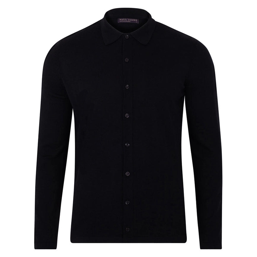 Mens Lightweight Extra Fine Merino Long Sleeve Shirt Black-Shirt-Paul James Knitwear-S-Urbanheer