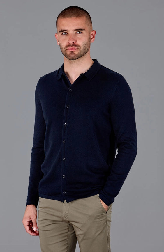 Mens Lightweight Extra Fine Merino Long Sleeve Shirt Navy-Shirt-Paul James Knitwear-S-Urbanheer