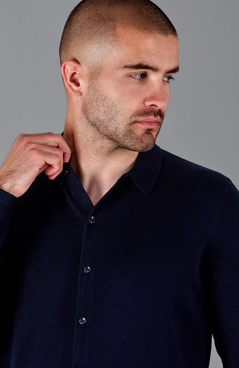 Mens Lightweight Extra Fine Merino Long Sleeve Shirt Navy-Shirt-Paul James Knitwear-S-Urbanheer