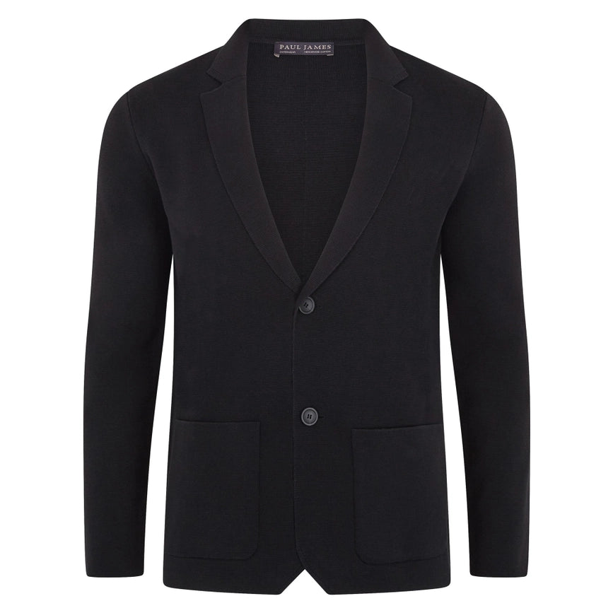 Mens Lightweight Mercerised Cotton Knitted Blazer Black-Blazer-Paul James Knitwear-S-Regular-Black-Urbanheer