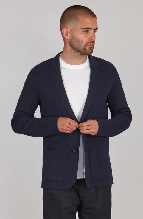 Mens Lightweight Mercerised Cotton Knitted Blazer Navy-Blazer-Paul James Knitwear-S-Regular-Navy-Urbanheer
