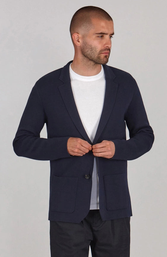 Mens Lightweight Mercerised Cotton Knitted Blazer Navy-Blazer-Paul James Knitwear-S-Regular-Navy-Urbanheer