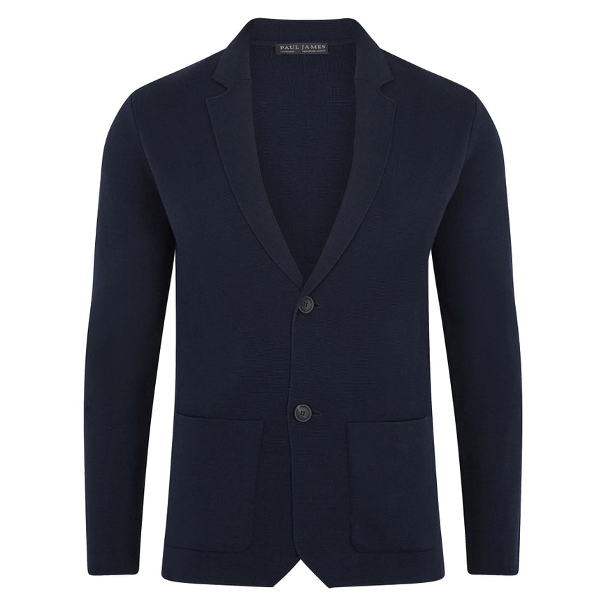Mens Lightweight Mercerised Cotton Knitted Blazer Navy-Blazer-Paul James Knitwear-S-Regular-Navy-Urbanheer