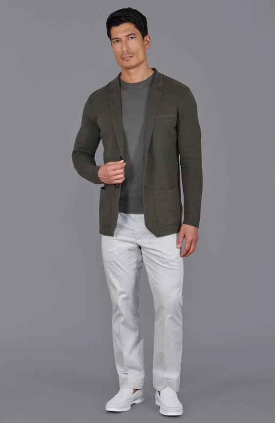 Mens Lightweight Organic Cotton Linen Knitted Blazer Olive-Blazer-Paul James Knitwear-M-Regular-Urbanheer