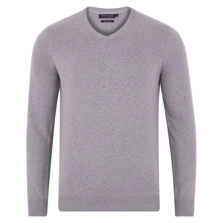 Mens Lighweight Cotton V-Neck Jumper-Jumper-Paul James Knitwear-S-Ash Grey-Urbanheer