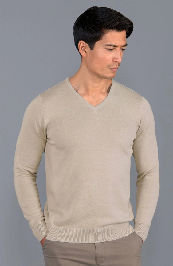 Mens Lighweight Cotton V-Neck Jumper-Jumper-Paul James Knitwear-S-Linen-Urbanheer