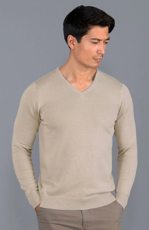 Mens Lighweight Cotton V-Neck Jumper-Jumper-Paul James Knitwear-S-Linen-Urbanheer