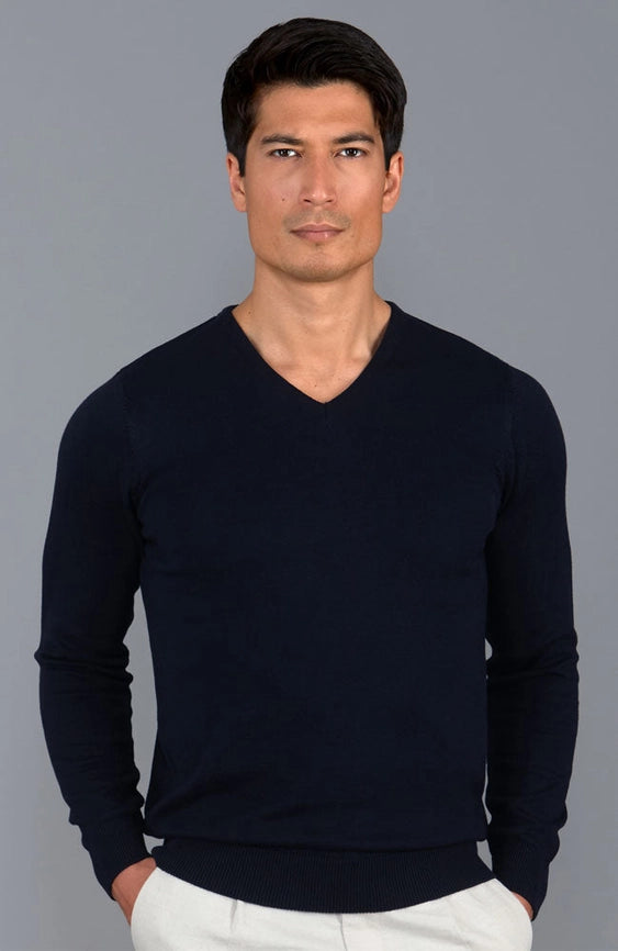 Mens Lighweight Cotton V-Neck Jumper-Jumper-Paul James Knitwear-S-Navy-Urbanheer