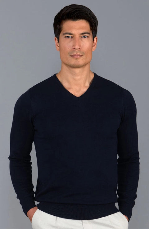 Mens Lighweight Cotton V-Neck Jumper-Jumper-Paul James Knitwear-S-Navy-Urbanheer