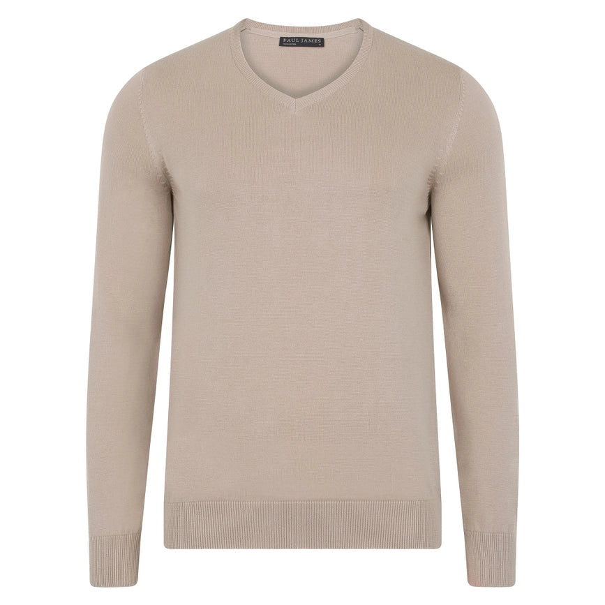 Mens Lighweight Cotton V-Neck Jumper-Jumper-Paul James Knitwear-S-Linen-Urbanheer