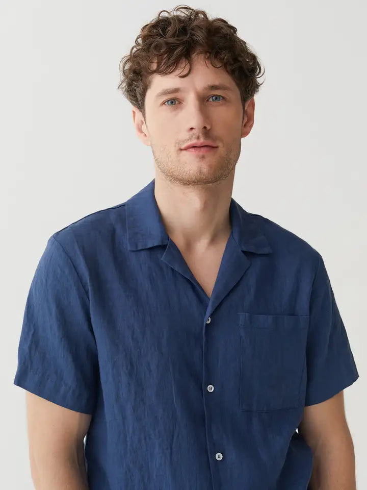 Men's Linen Camp Shirt Hawi in Deep Navy Blue-Shirt-MagicLinen-S-Deep Navy Blue-Urbanheer