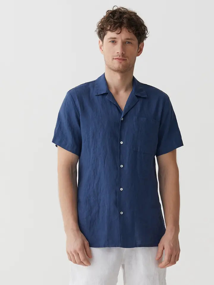 Men's Linen Camp Shirt Hawi in Deep Navy Blue-Shirt-MagicLinen-S-Deep Navy Blue-Urbanheer