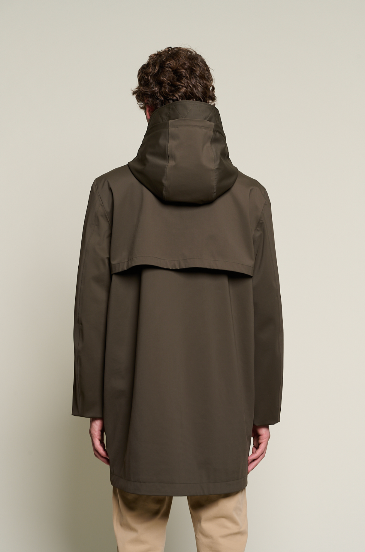 Men's Long Parka with a Custom Double-zipper and Snaps in Khaki