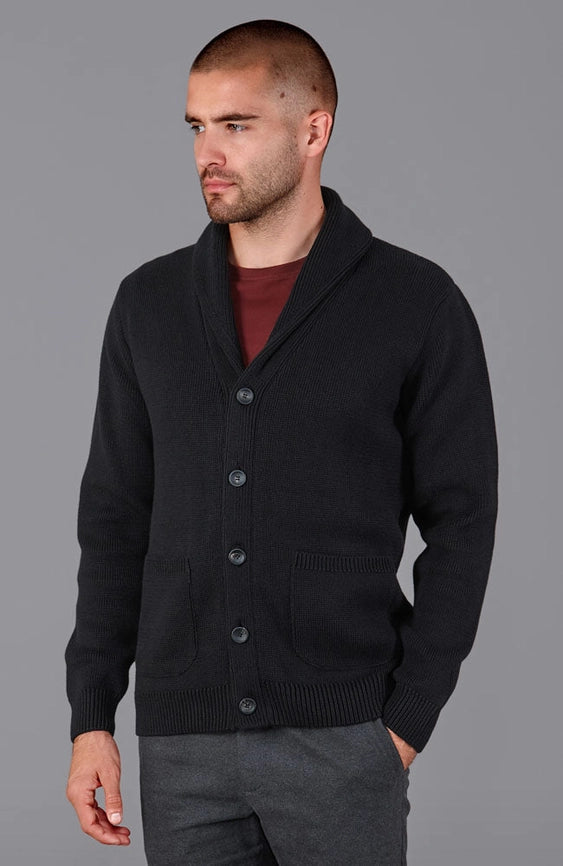 Mens Midweight 100% Cotton Shawl Collar Cardigan Black-Cardigan-Paul James Knitwear-S-Black-Urbanheer