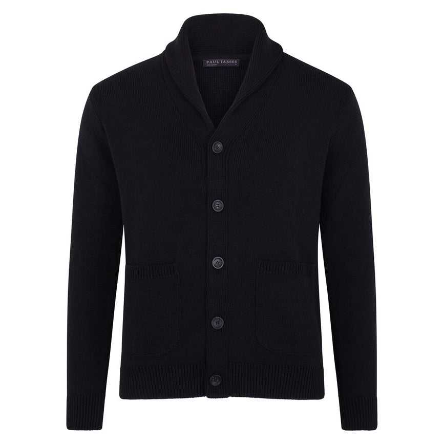 Mens Midweight 100% Cotton Shawl Collar Cardigan Black-Cardigan-Paul James Knitwear-S-Black-Urbanheer