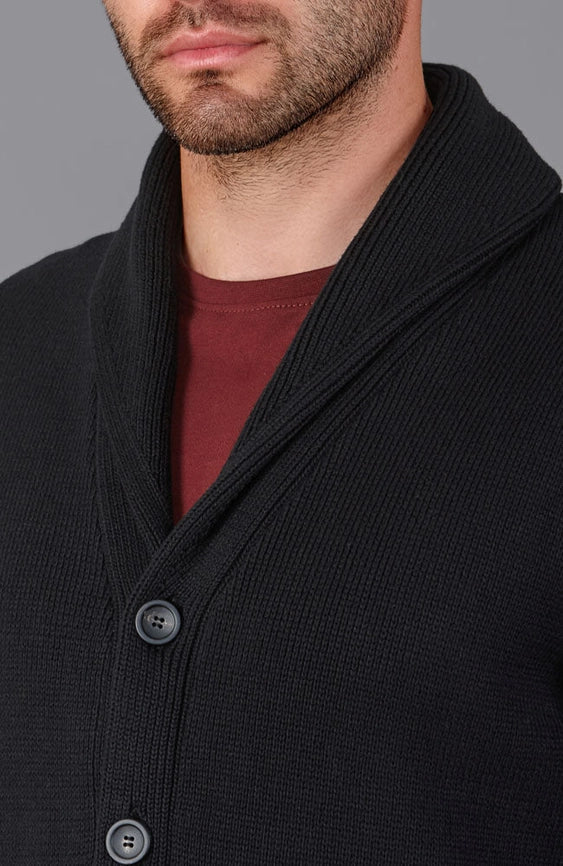 Mens Midweight 100% Cotton Shawl Collar Cardigan Black-Cardigan-Paul James Knitwear-S-Black-Urbanheer